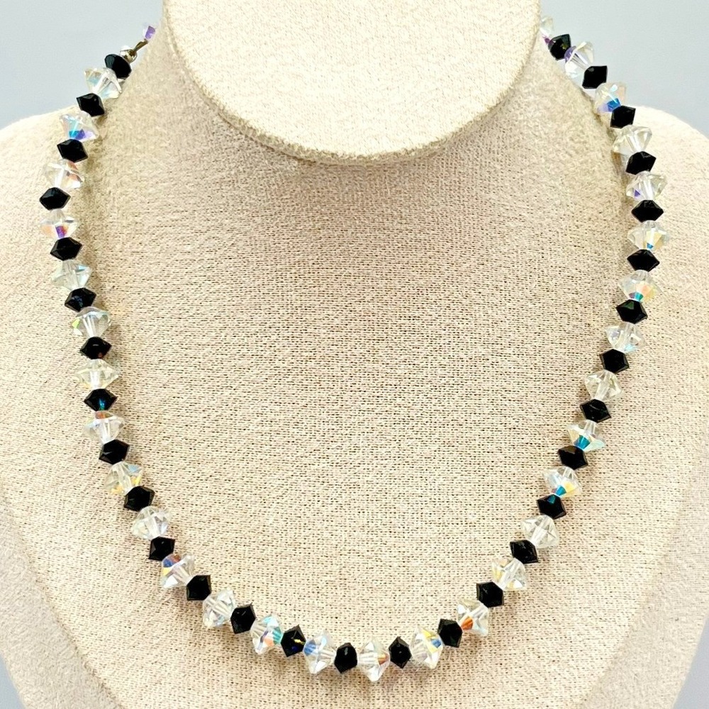 Vintage Aurora Borealis AB & Black‎ Crystal Bicone Bead Necklace Retro Goth Glam